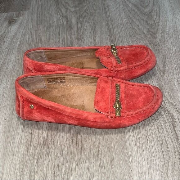 Women's UGG Red Suede Loafers with Gold Zipper - Picture 9 of 9
